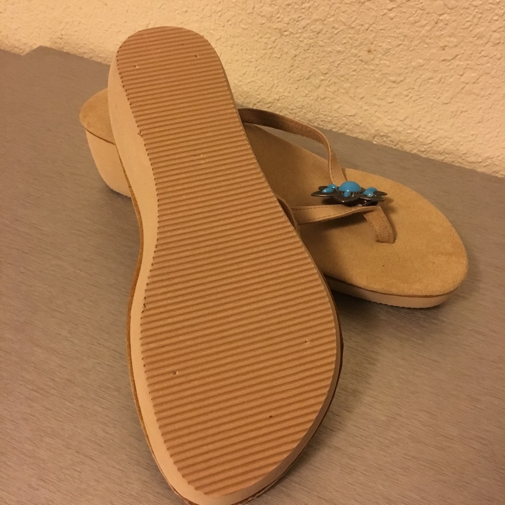Nude Floral Wedge Sandals Size 7 Turquoise Accent 2” Wedge Boho Summer - Picture 5 of 5